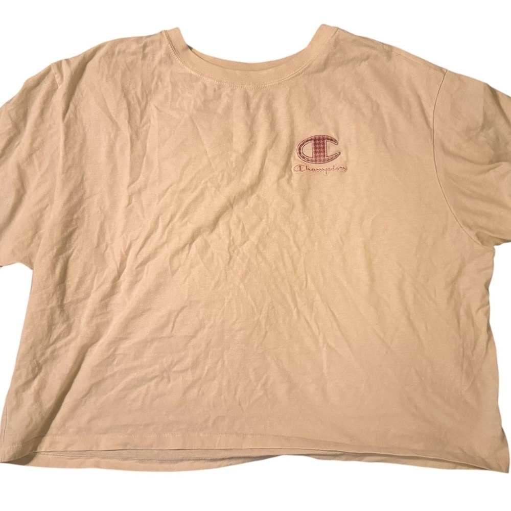 Champion Cropped Beige T-Shirt with pale pink logo